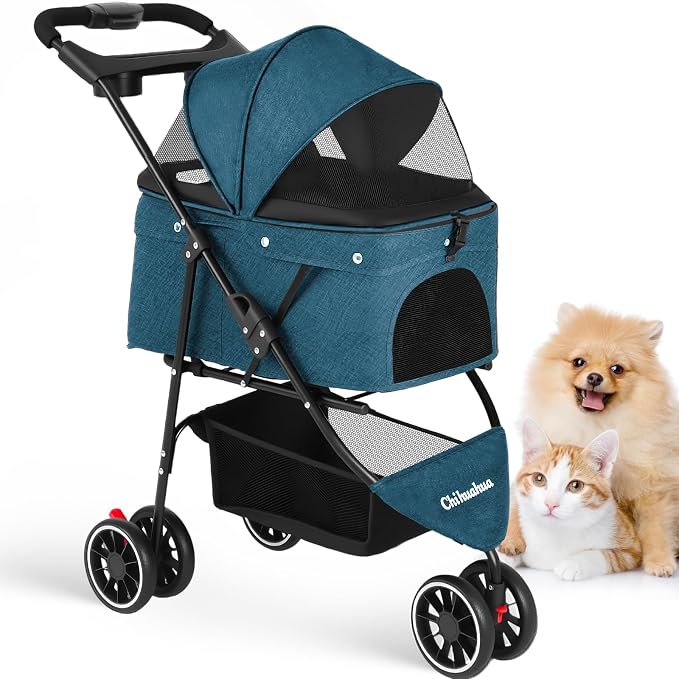 Pet Stroller,Dog Stroller for Small Medium Dogs Cats,3 Wheels,Green | Foldable,with Breathable Mesh Canopy,Cup Holders,Easy Assembly
