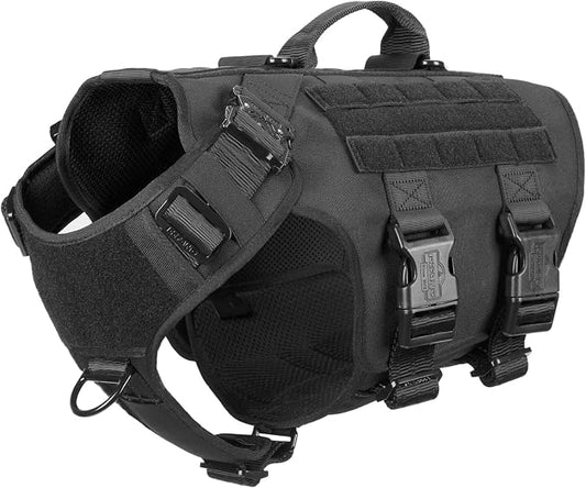 ICEFANG No Pull Tactical Dog Harness for Large Dogs,Adjustable Dog Vest | Control Handle,MOLLE Panel,Front Hook,3 Leash Clips,Soft Padded,for walking training,Black,Large