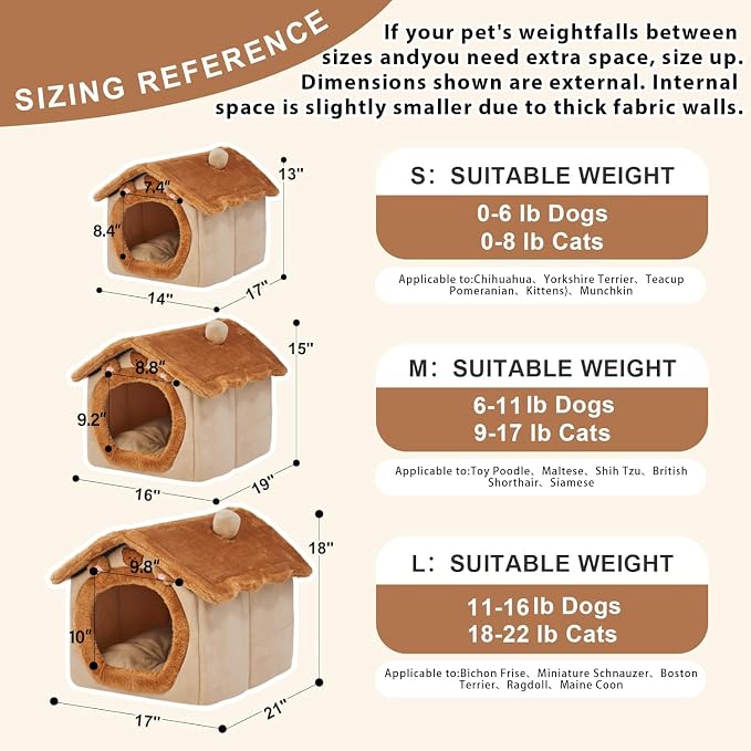 Dog House Dog Bed with Cover Cave with Non-Slip Bottom,Brown | M Size Tent Bed for 6-11 Lb Dogs and 9-17 Lb Cats,Cat Nest Puppy Cave,Dog Cave with Foldable