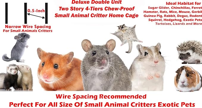 Two Full Story Deluxe Double Unit 4-Tier Chew-Proof Tight 1/2-Inch Bar Spacing Double Durable Front Doors Feisty Ferret Hammock Squirrel Chinchilla Rat Hamster Gerbil Small Animal Critter Rolling Cage