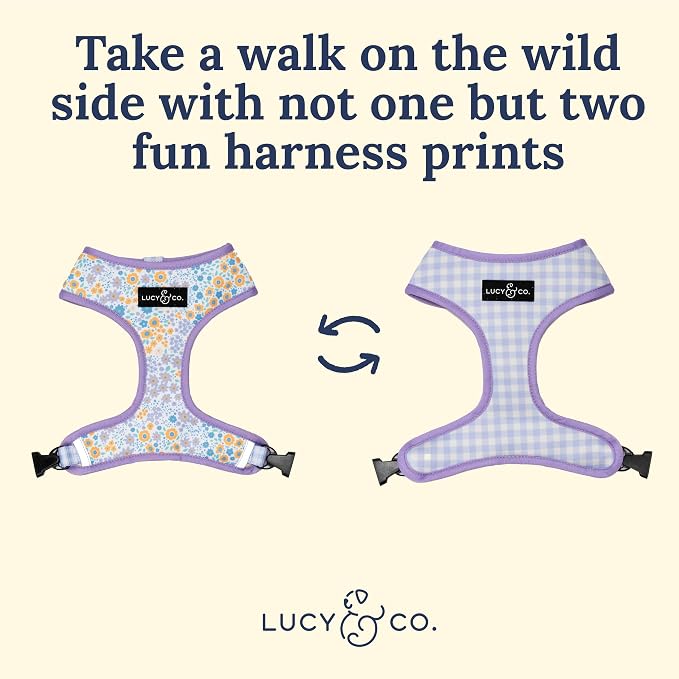 Lucy & Co. Reversible Dog Harness - Water-Repellent Neoprene, Dual-Print Design, Easy Swap Style, Adjustable Comfort Fit - Among Wildflowers Reversible Harness - Large