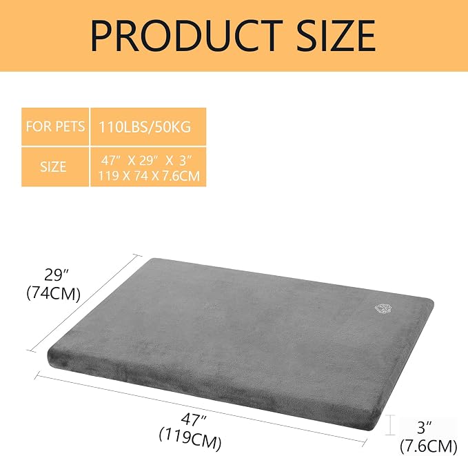 EMPSIGN Dog Bed Mat Crate Pad Mattress, Ultra Soft Pet Kennel, Grey, XXL | Reversible(Cool & Warm), Waterproof Linings, Removable Machine Washable Cover, for 48" Dog Crate, Firm Support