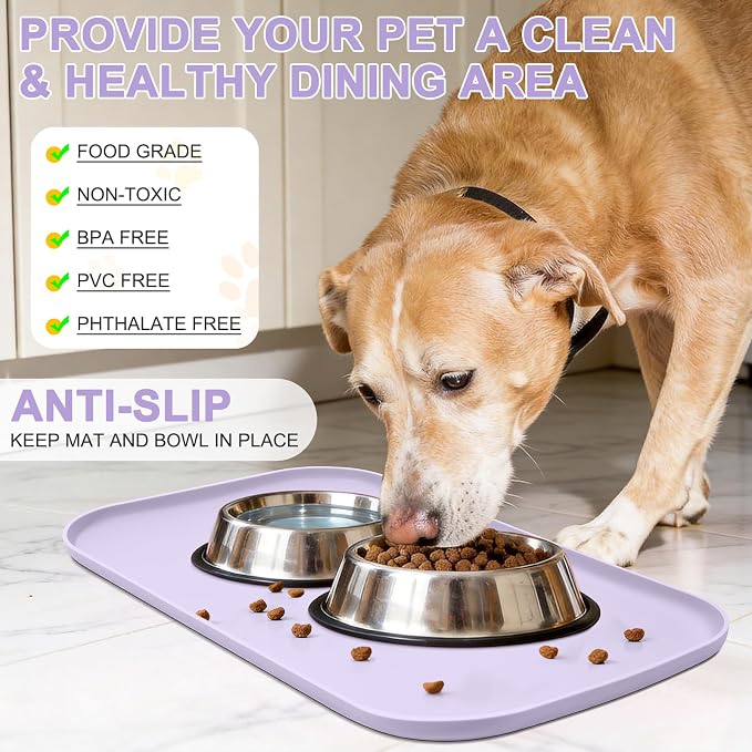 SMILOOL Waterproof Silicone Pet Food Mat with Raised Edge for Dog & Cat | 22" x 14" Non-Slip Pet Feeding Mats with Lip for Food & Water Bowl, Food Grade, Easy Cleaning, Light Purple