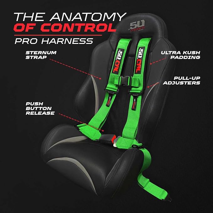 1pc 50 Cal Green 4 Point Harness 2in Straps, Racing Harness Seat Belt | Ultra Kush padding, Push Button quick release hardware. Universal Fit for UTV, RZR, race car.