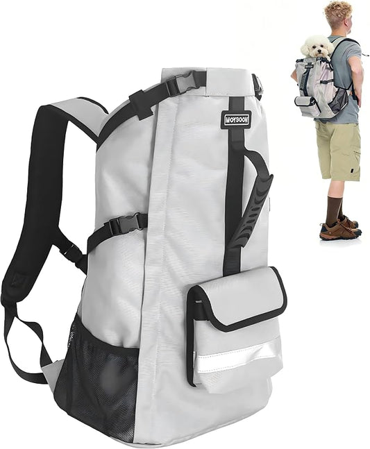 Waterproof Dog Backpack Carrier for Small Dogs Under 24 lb, Grey | 4-Layer Protection, Adjustable Dog Hiking Backpack with Storage Pockets, Reflective Strips, Non-Slip Handle for Travel