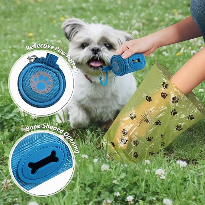 FURHAB Dog Poop Bag Holder for Leash Doggie Waste Bag Dispenser Soft Fabric Puppy Potty Carrier Small Doggy Zipper Pouch with Carabiner Clip 1680D Nylon Oxford with 1 Roll of Pet Trash Bags, Sky Blue