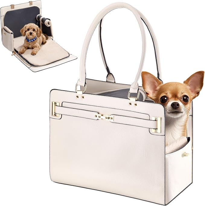 Dog Purse Carrier for Small Dogs, Stylish Foldable Pet Carrier Purse Tote Bag with Washable Cushion & Safety Leash, Airline Approved Puppy Travel Bag with Pockets (White)