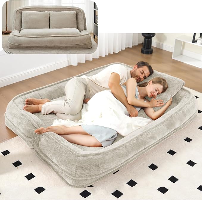 Foldable Lazy Sofa Bed, Double Human Dog Bed for Adults, Beige | Skin-friendly Breathable Soft Chenille Upholstered, 5 Adjustable Backrest Positions, 3 Soft Cushions for Living Room
