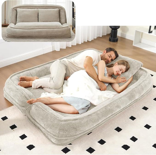Foldable Lazy Sofa Bed, Double Human Dog Bed for Adults, Beige | Skin-friendly Breathable Soft Chenille Upholstered, 5 Adjustable Backrest Positions, 3 Soft Cushions for Living Room