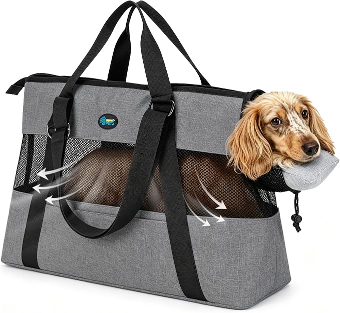 Ownpets XL Cat Dog Purse Carrier, Grey Breathable Mesh, Fits 20lbs | Summer ventilation, lightweight design, shoulder strap, travel vet shopping, grey