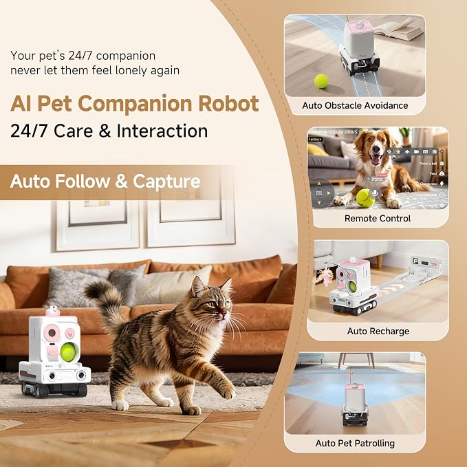 Pmate AI Pet Camera Robot Companion for Dogs & Cats Robot Camera with Visual Recognition Remote Video Interaction Auto Feeding & Play Red Light Teaser Night Vision Auto Charging Pink