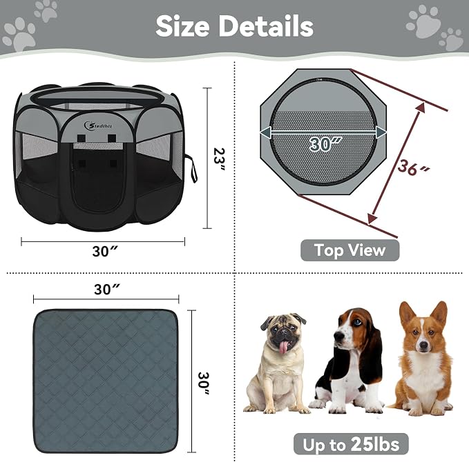 Siedihit Playpen for Middle Dog Cat, Dogs Tent Crate Cage Indoor | Outdoor, Portable Pop Up Dog Kennel with Carrying Bag for Rabbits (Dark Grey with Pad, Medium)