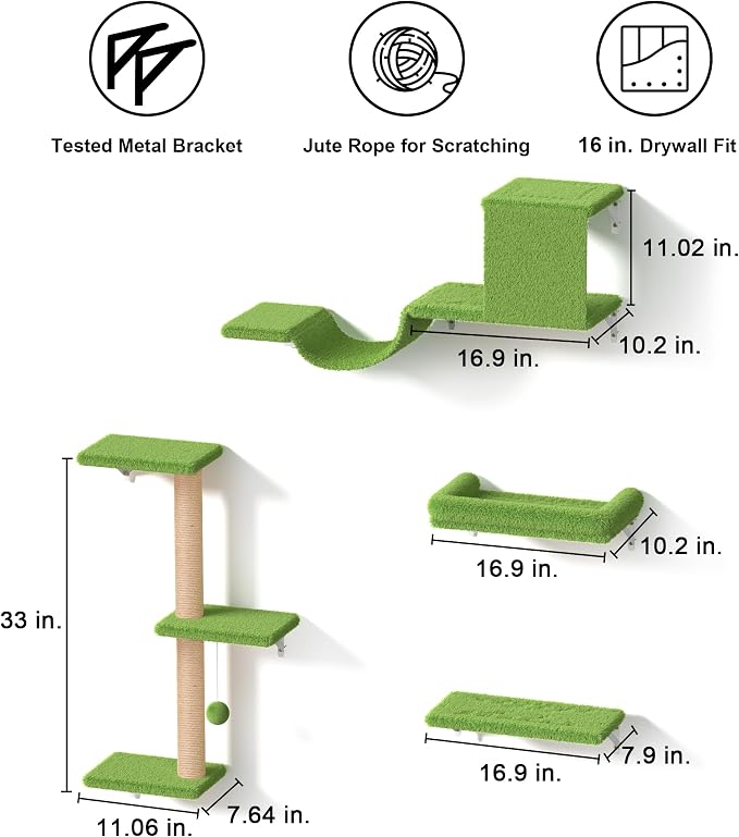 FUKUMARU Cat Wall Shelves, 4 in 1 Set, Green | Stable & Safe Cat Walls Furniture, Wooden Kitten Climbing Wall with Scratching Post for 16 Inch Drywall