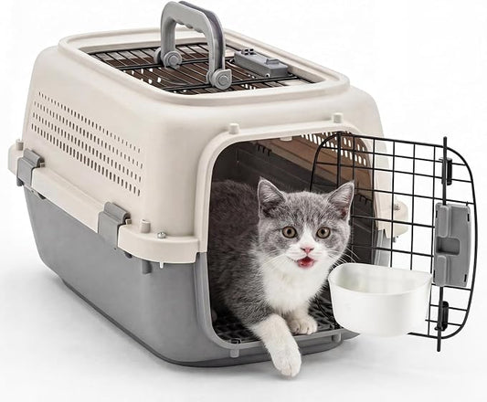 NEWBULIG 23" Hard-Sided Dog Carrier, Plastic Cat & Dog Crate, 4-Sided Ventilation Travel Pet Kennel, Top & Front Door Access, Integrated Food Bowl, for Small Pets up to 22 lbs - Beige & Grey