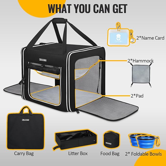 Portable Double Cat Carrier with Litter Box for Multiple Cats | 36"Lx17"Wx17"H, 2in1 Car Travel Carriers, Dual Large Cat Carrier, Lockable Safety Zippers, for Long Distance Travel