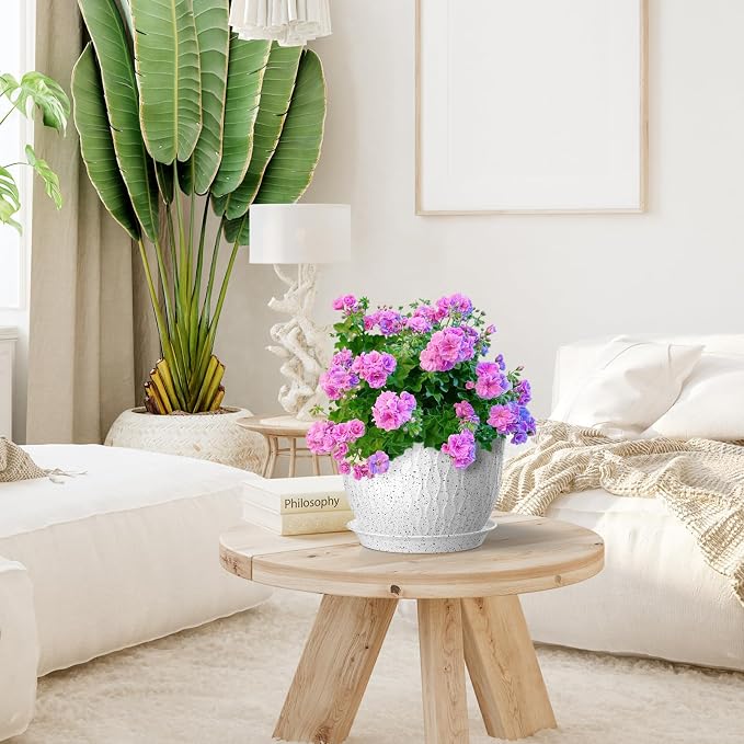 Meowell 12/10/9 inch Large Flower Pots, 3 Set Big Plant Pots for Outdoor Indoor Plants with Water Ripples, Wide Plastic Planters with Drainage Holes and Saucers for Garden House Plants, Speckled White