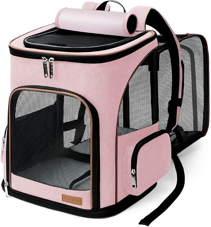 Lekereise Pet Carrier Backpack Expandable Cat Backpack Carrier for Small Dogs Large Cats Puppies, Dog Backpack Carrier for Hiking Travel Outdoor Hold Pets Up to 20 25 Lbs, Pink