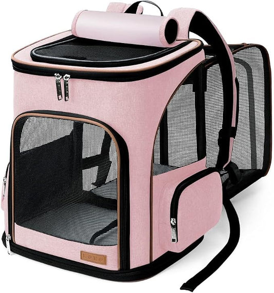 Lekereise Pet Carrier Backpack Expandable Cat Backpack Carrier for Small Dogs Large Cats Puppies, Dog Backpack Carrier for Hiking Travel Outdoor Hold Pets Up to 20 25 Lbs, Pink