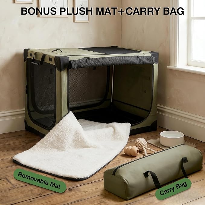 Veraste 30" Soft Collapsible Travel Dog Crate for Medium Dogs,Green | 4-Door Foldable Travel Crate,breathable mesh, foldable with storage bag