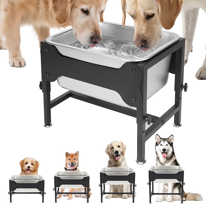 YUEPET Elevated Water Bowl for Large Dogs, 3 Gallon Outdoor Dog Water Bowl | 4 Heights Adjustable, 3 Gal Extra Large Stainless Steel Bowl, Raised Dog Water Bowl with Stand, Food and Water Use