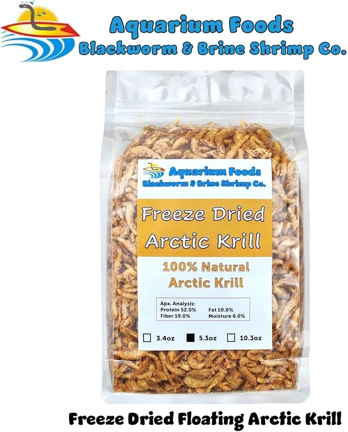 Aquatic Foods Inc. Arctic Krill, Freeze Dried Krill for Tropical Fish, Marine Fish, Cichlids, Catfish, Pond Fish, Aquatic Turtles, Land Turtles, Hamsters, Rodents, Reptiles…5.3oz Clear Bag