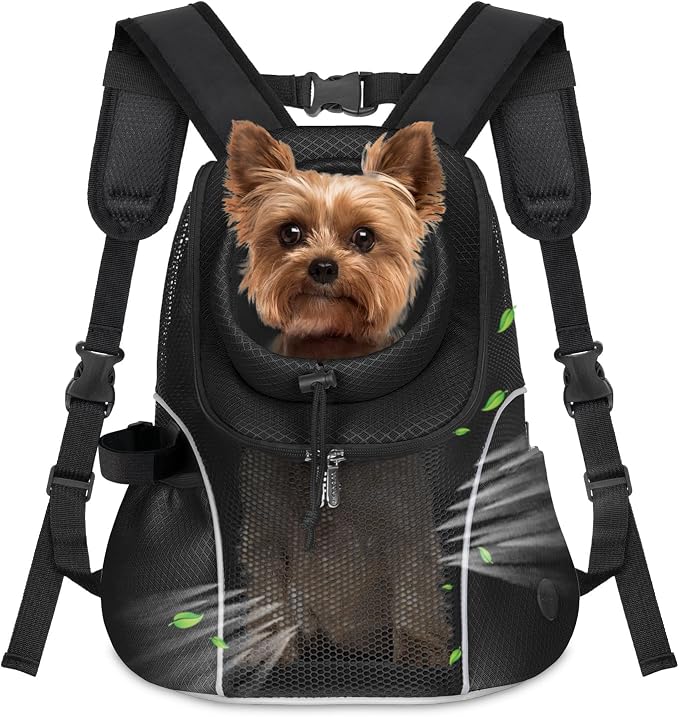 WOYYHO Pet Dog Carrier Backpack, Ventilated Mesh Small Dog Front Backpack | Breathable Puppy Back Pack, with Safety Belt, Storage Pockets, for Travel Hiking Cycling Outdoor Adventures, Black, M