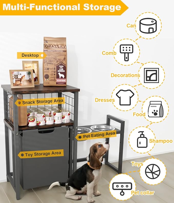 30.6Long x 26.2 High Elevated Dog Bowl Stand, Black | with Pet Food Storage Organizer,Adjustable Raised Feeding Station with Toy Basket for Large Medium Small Dogs and Cats