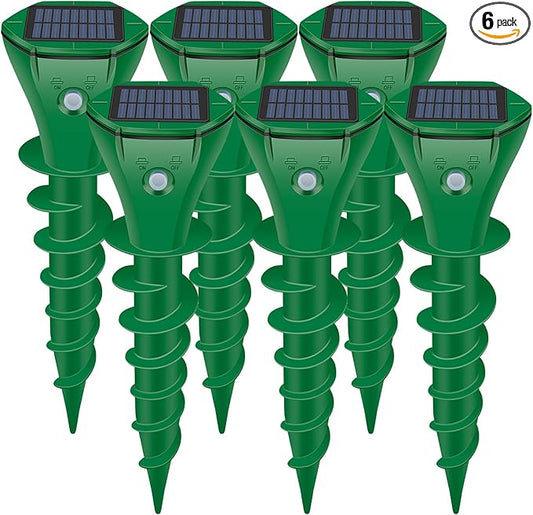 Mole Repellent Solar Powered,6 Pack Ultrasonic Gopher Repeller IP65 Waterproof for Lawn Garden Yard, Sonic Vole Repellent Mole Killer Outdoor Get Rid of Snake Groundhog Chipmunk Squirrels-Green