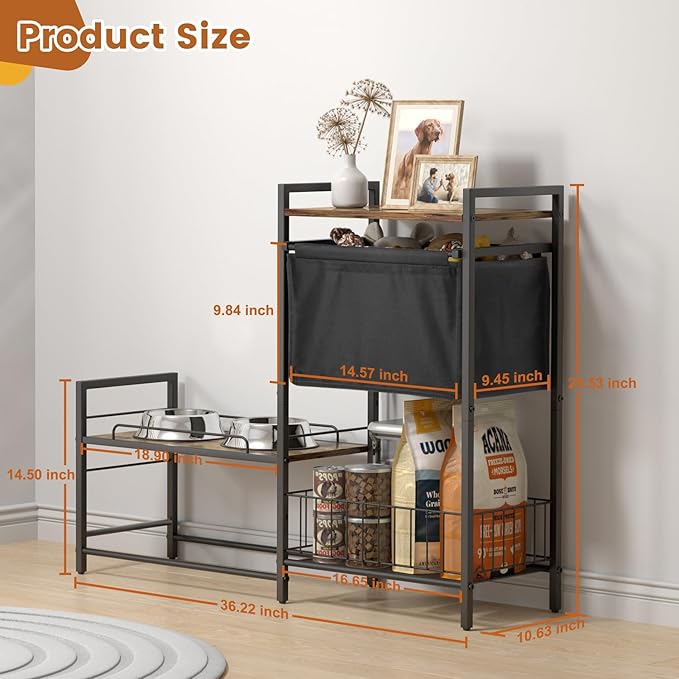 Lomivra Elevated Dog Bowl Stand with Toy Bin Basket, 4 Height Adjustable Raised Feeding Station Cabinet, Lifted Food and Water Bowl Holder, Pet Storage Organizer for Large Medium Small Dogs