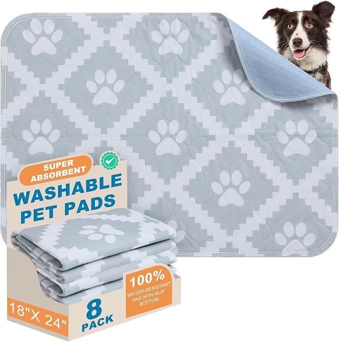 BEAUTYZOO 8 Pack Washable Pee Pads for Dogs,Reusable Puppy Pads 18x24 Gray | Waterproof Super Absorbent,Non Slip and Leak-Proof Against Urine,Whelping Pads Mats for Puppy Potty Training,Playpen,Crate