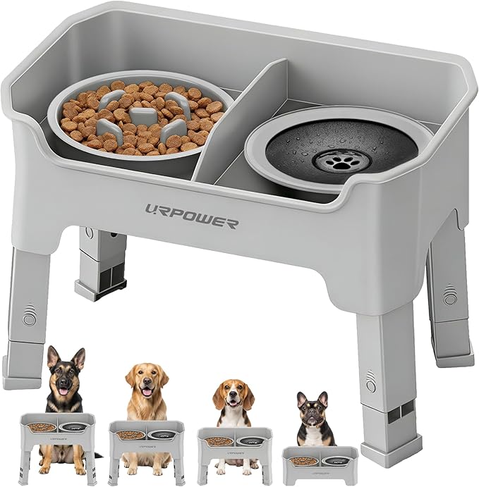 URPOWER Mess Proof Elevated Dog Bowls 4 Height Adjustable Raised Stand | No Spill Water Bowl, Slow Feeder Dog Bowls, Non-Slip Food and Water Bowl Set for Small, Medium & Large Dogs