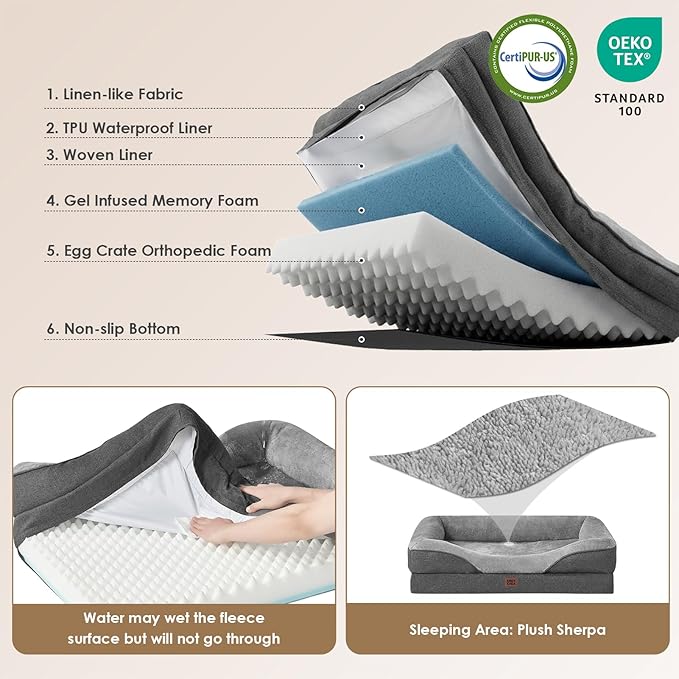 EHEYCIGA Orthopedic XXL Dog Bed for Large Dog, Memory Foam Dog Couch, Grey | 52x41 Inch Extra Large Sized Dog Sofa with Sides, Waterproof Liner & Washable Removable Cover, Bolster Pet Couch