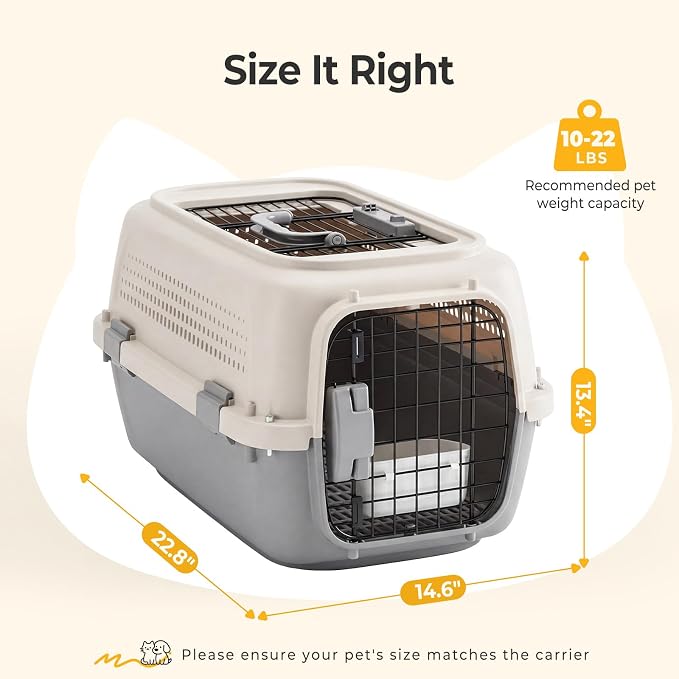 NEWBULIG 23" Hard-Sided Dog Carrier, Plastic Cat & Dog Crate, 4-Sided Ventilation Travel Pet Kennel, Top & Front Door Access, Integrated Food Bowl, for Small Pets up to 22 lbs - Beige & Grey