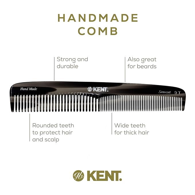Kent 9T Black Graphite Fine Tooth and Wide Tooth Detangler Comb - Large Handmade Dressing Comb for Wet Hair and Durable Grooming, Hand Polished, Saw-Cut Made in England