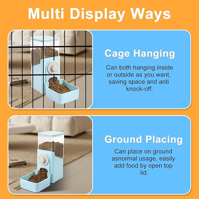 Auto Gravity Food Dispenser for Cage Hanging, 41OZ Capacity Hanging Automatic Pet Cage Feeder, Food Bowl for Cats Dogs Rabbit Ferret Chinchilla Bird Hedgehog Guinea Pig (Light Blue)