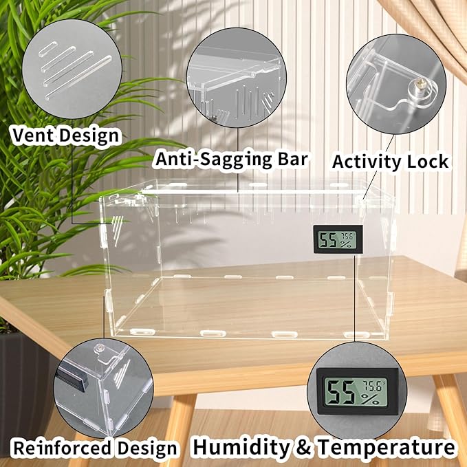Acrylic Reptile Breeding Box Terrarium Cage Tank, 11.8"x7.9"x5.9", with Temperature Hygrometer, for Small Reptiles, Snakes, Insects, Home Office