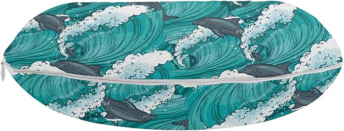 Ambesonne Sea Animals Travel Pillow Neck Rest, Wavy Ocean with Dolphins Windy Surfing Doodle Style Art Print, Memory Foam Traveling Accessory for Airplane and Car, 12", Charcoal