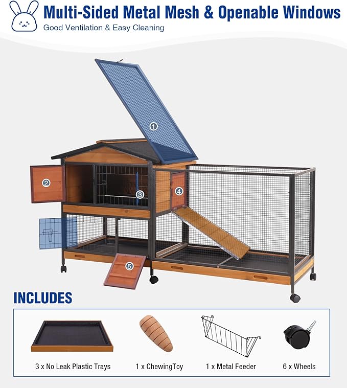 Large Rabbit Hutch Indoor with Chew-Proof Full Metal Frame, Bunny Cage Outdoor with 2-Story Guinea Pig Cages with 6 Wheels, 3 Pull-Out Trays, Waterproof Asphalt Roof, 62" L - Orange