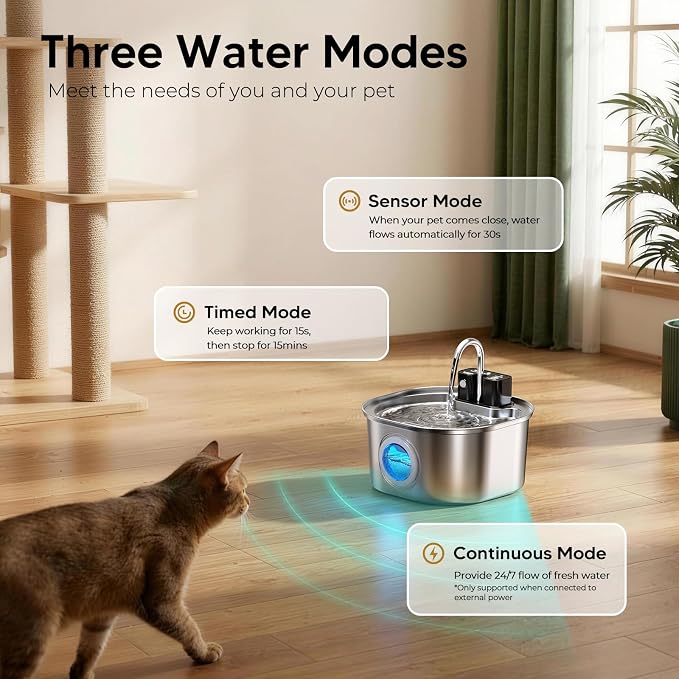 Voluas Stainless Steel Cat Water Fountain, Wireless, 108oz/3.2L, 1 Filter | Cordless Design, Ultra-Quiet Pump, Easy to Clean, BPA-Free