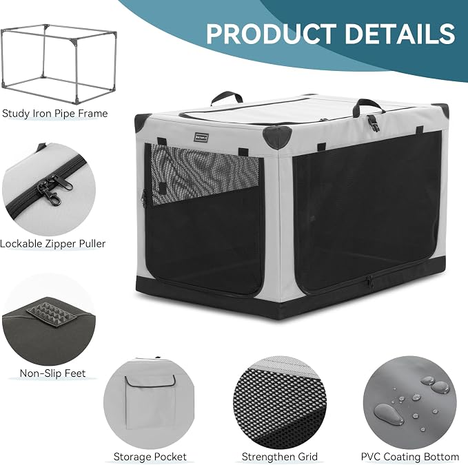 PETSFIT 40" Soft Portable Dog Crate – Patented Spiral Sturdy Frame, Collapsible Travel Kennel for Large Dogs, 3 Mesh Door, Lockable Zippers, Indoor & Car Use Gray