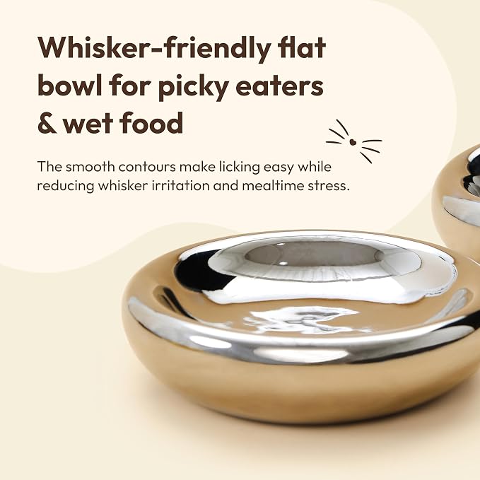 Pebble Pet Bowl Flat Chrome, Ergonomic Dog Cat Feeding Bowl, Flat-Faced Breed, Tilted Ceramic Pet Food Dish, Scooper Eater, Anti-Spill Design, Dishwasher Safe, Modern Pet Bowl, Dry & Wet Diet