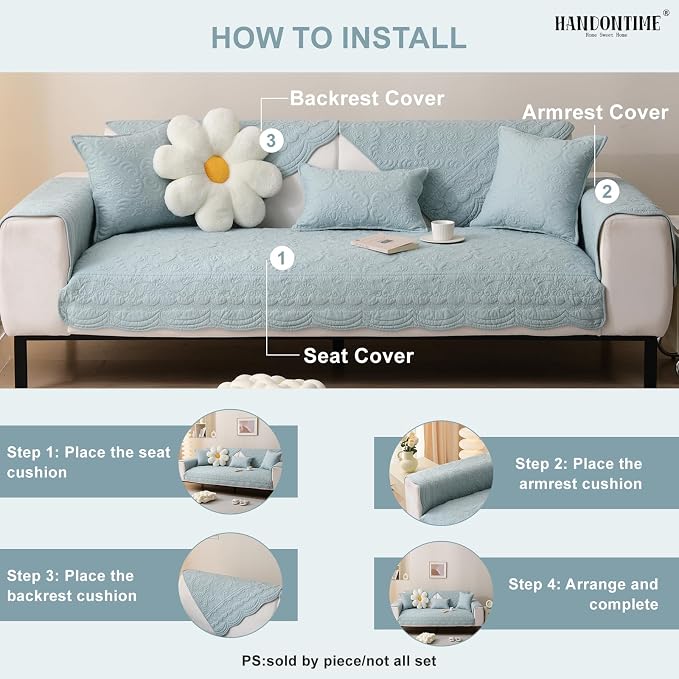 HANDONTIME Pet Protector Furniture Covers - Cotton Couch Cushion Covers, Embroidery Jacquard Dog Couch Cover Sofa Cover for Dogs, Soft Pet Friendly Sofa Protector Washable (Misty Blue, 35.4" x 82.7")