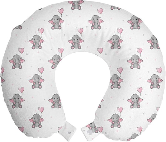 Ambesonne Animal Cartoon Travel Pillow Neck Rest, s Holding Heart Shaped Pink Balloons Girlish Design, Memory Foam Traveling Accessory for Airplane and Car, 12", Pink White