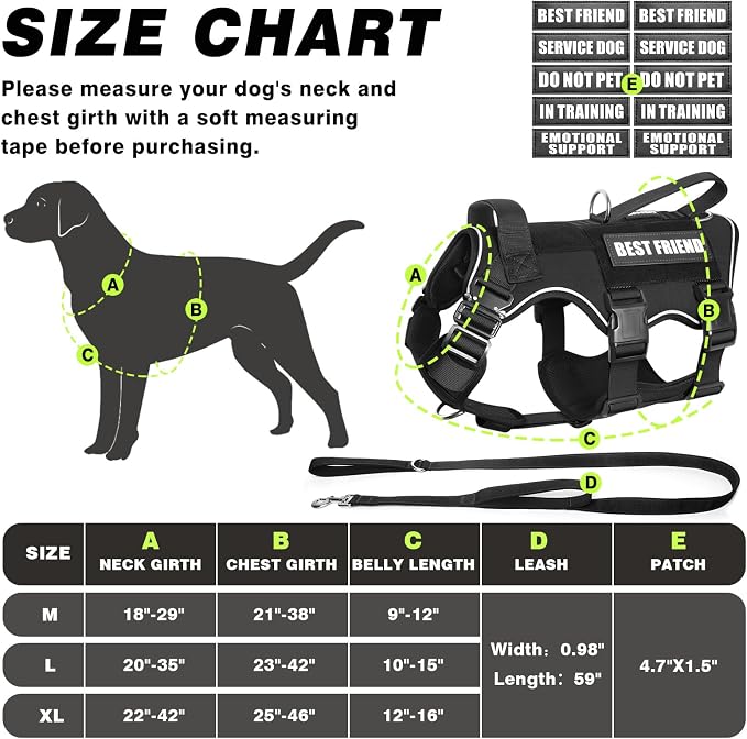 Tactical Service Dog Vest and Leash Set,Heavy Duty Harness with Metal Buckles for Large Dogs,Adjustable No Pull Pet Vest with 10 Patches,for Training Working Hiking,Black L