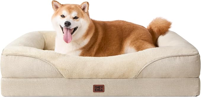 EHEYCIGA Orthopedic Dog Bed for Large Dog, Memory Foam Dog Couch, Beige | 36x27 Inch Large Sized Dog Sofa with Sides, Waterproof Liner & Washable Removable Cover, Bolster Pet Couch