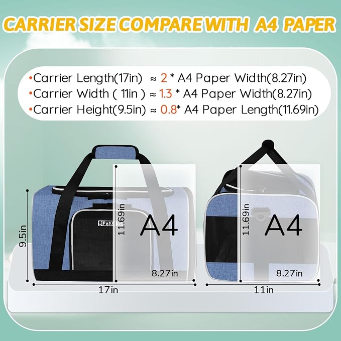 Small Pet Carrier 17" L x 11" W x 9.5" H Airline Approved, Blue | for Alaska Airlines, Lockable Safety Zippers and Anti-Scratch Mesh, Pets Under 10 lbs