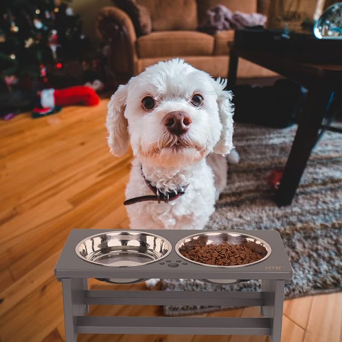 HTB Elevated Dog Bowl Stand with 2 Stainless Steel Bowls-7" H Medium Grey | Raised Dog Bowl Stand, 7"tall, 29 Oz Bowls, for Medium Sized Dogs, Pet-safe, Solid Bamboo