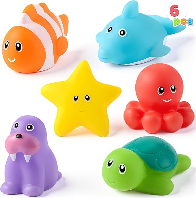 JOYIN 6 Pcs Sea Animal Bath Toys, Sealed & No-Hole & Mold Free Bathtub Toys for Kids, Non-Toxic & Soft Water Vehicles Toys, Squeezable & Float on Water, Bath & Pool Play for Boys and Girls