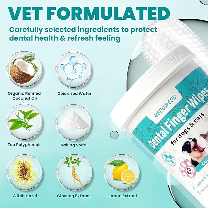 MEDUWEDU Wider Dental Care Finger Wipes 60 Counts,Teeth Cleaning Finger Wipes for Dogs & Cats,Reduces Plaque & Supports Oral Freshness, Unscented