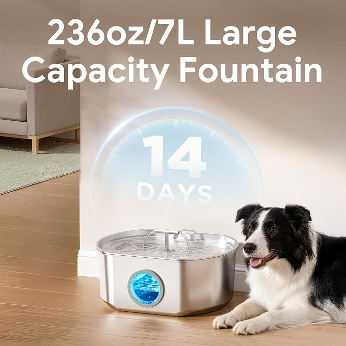 Cat Water Fountain Stainless Steel - 7L/236oz Cat Drinking Fountain | Dog Water Fountain Inside - Automatic Dog Watering Dispenser Bowl - Large Capacity for Multiple Pets (10 Filters)